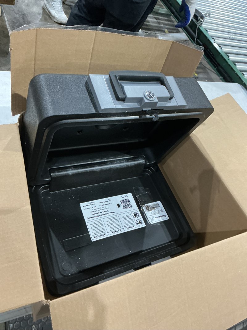 Condition photo showing As Is for similar not exact      sentrysafe fireproof safe box with key lock, chest safe with carrying handle to secure money, jewelry, documents, 0.25 cubic feet, 6.3 x 15.3 x 12.1 inches, 1160 fire resistant box 0.25 cu. ft.