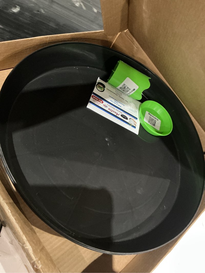 Condition photo showing As Is for 18 inch (16.3 inch base) case of 2 plant saucer, black | polypropylene, heavy duty indoor/outdoor tray and drip pan, collects flower pot excess water, made in usa 2 18" (16.3" base)