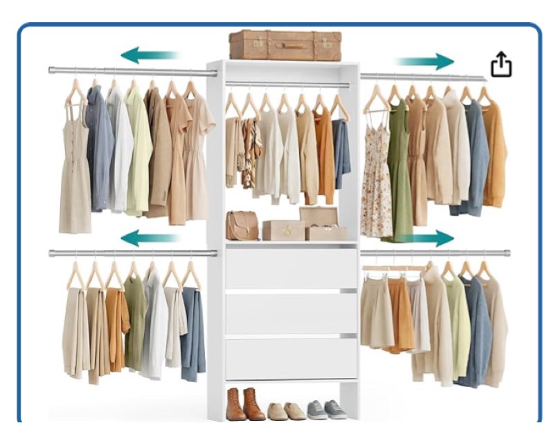 SONGMICS Closet System, Customizable Closet Organizer System with Adjustable Hanging Rods and Drawers, White, Fits Spaces 6.5 to 10.2 sq ft URGR043WZ01S