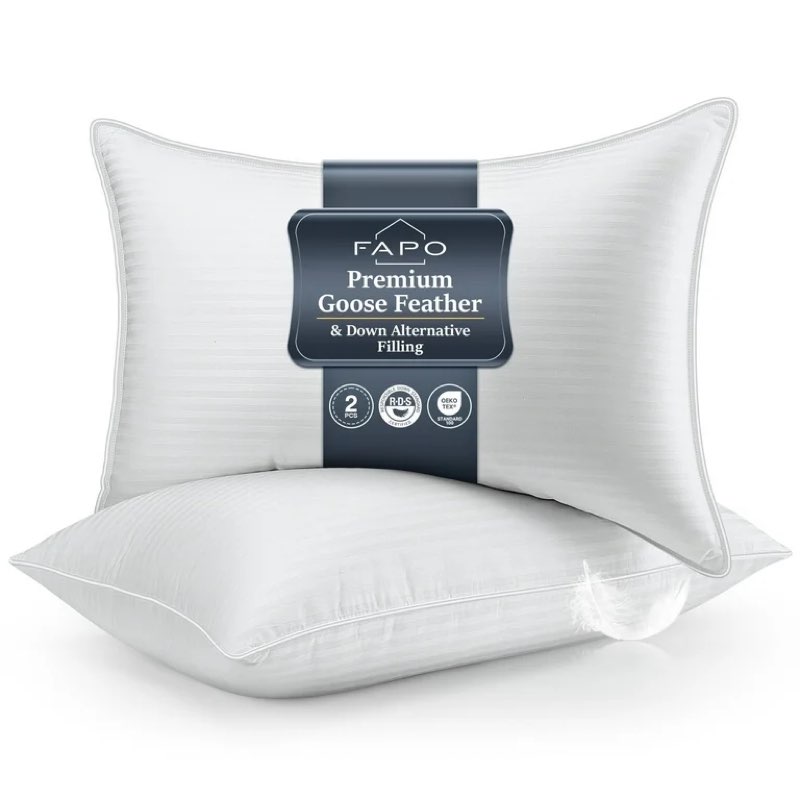 fapo goose feather pillows queen size set of 2, hotel down bed pillow for sleeping,soft 600 tc cotton cover
