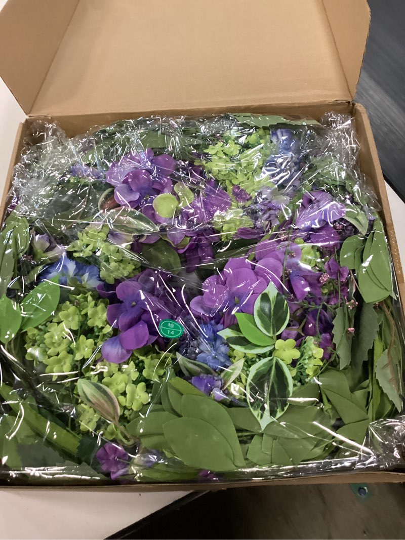 Condition photo showing New/Like New for 24 inch spring wreath for front door, artificial hydrangea and thistle flowers, spring and summer door wreath with lush greenery, summer wreath for indoor outdoor decor