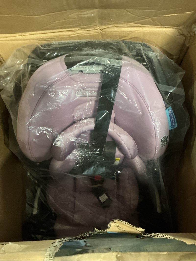 Condition photo showing New/Like New for graco turn2me 3-in-1 rotating convertible car seat, lilac mod, rear-facing rotation only, forward-facing mode, highback booster up to 100 lbs, adjustable headrest & harness, steel reinforced frame