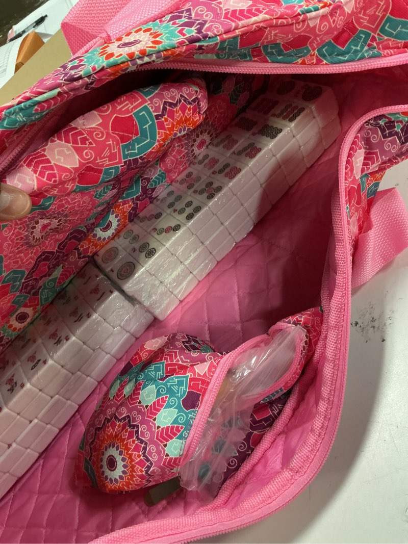 Condition photo showing New/Like New for american mahjong tile set with pink printed carrying bag, 166 premium white tiles, 4 all-in-one color racks/pushers, mah jongg sets, complete mahjong game set for travel