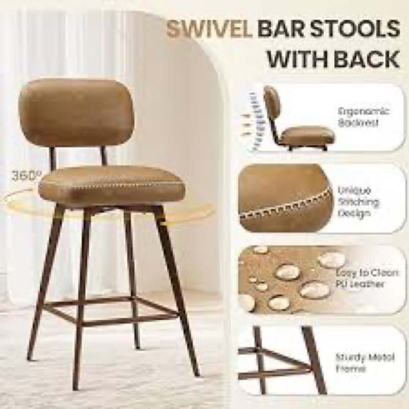 MALOL Swivel Bar Stools Set of 3, Mid Century PU Leather Counter Height Bar Chairs with Low Back and