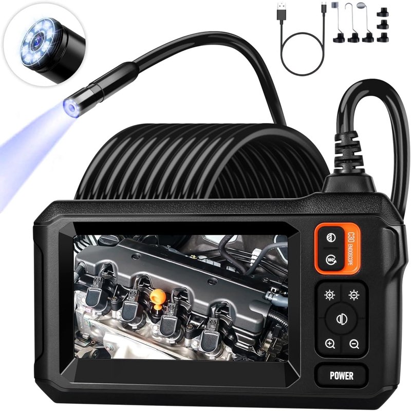 endoscope camera with light, inspection borescope camera with 4.3" ips screen, 1920p hd with 8 led l