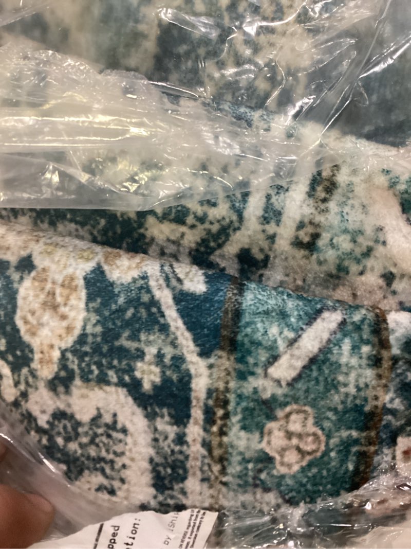 Condition photo showing As Is for releany area rugs 6ft washable non-slip, floral vintage distress print pattern medallion carpet for living room bedroom dining room, dark blue vintage blue/vintage dark blue 6' (round)