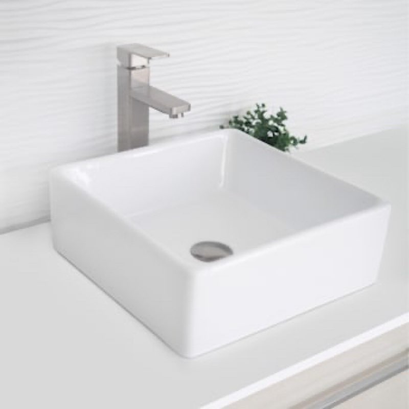 Stylish Vessel Sink 15 x 15 Inch Square Porcelain Over the Counter Bathroom Sink Enamel Glaze Finish