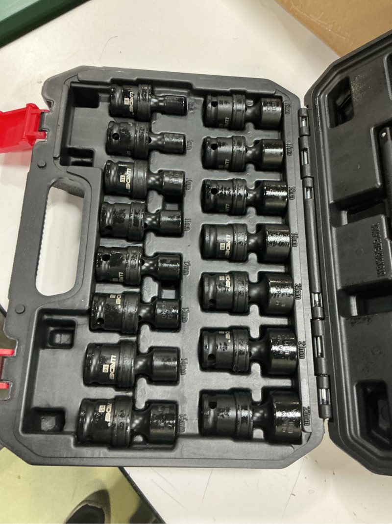 Condition photo showing Good Condition for llndei 3/8" drive universal impact socket set, 19 pieces cr-mo swivel socket set, metric(8-22mm) wobble sockets 6 point with extension bars, adapter and black organizer 19-piece 3/8 drive swivel socket set