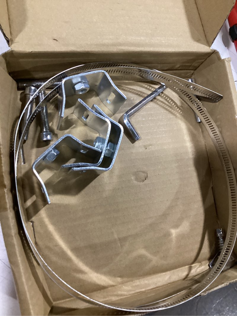 Condition photo showing As Is for 2 set sign mounting brackets for 16" pole, street sign mounting hardware include clamps, stainless steel cable ties & wrench for round square pole rod & expansion tank mounting bracket 2pcs