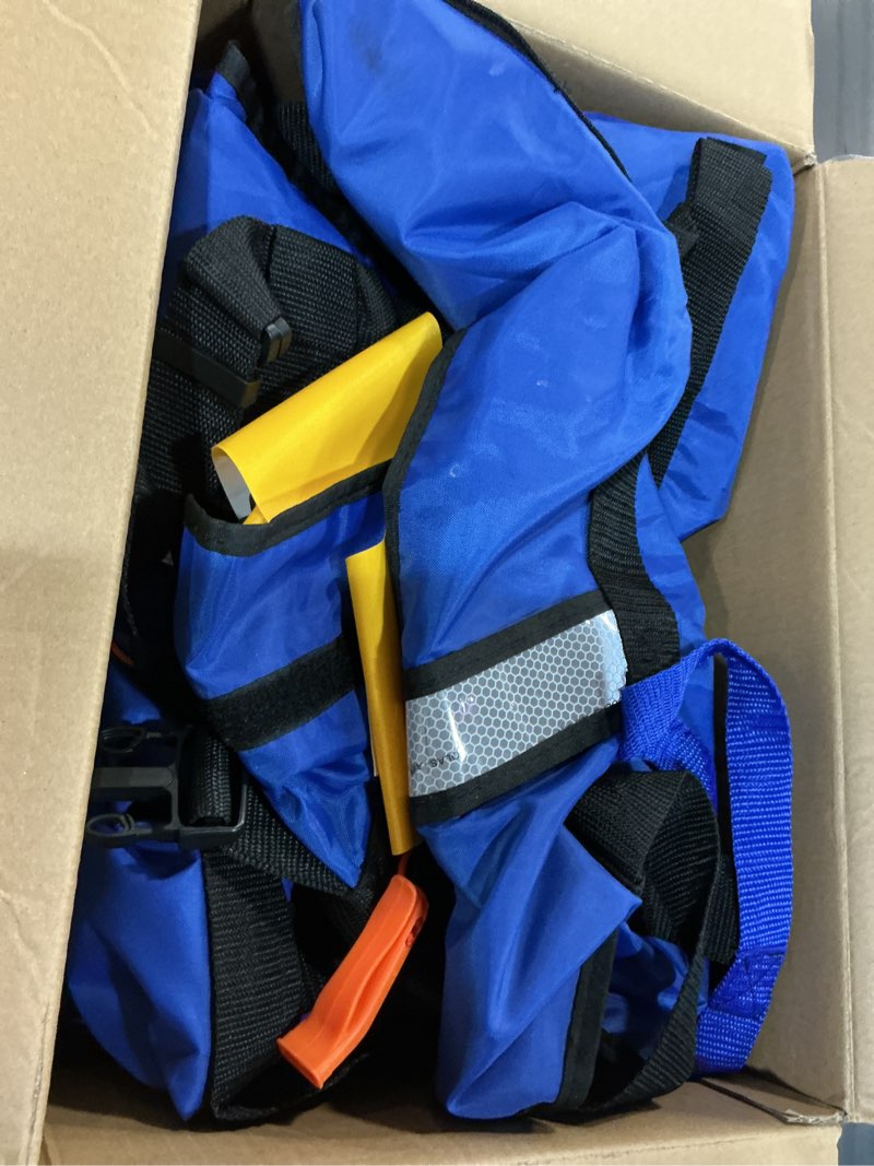 Condition photo showing As Is for automatic inflatable life jacket for adults – adjustable buoyancy vest with manual override,reflective strips & safety whistle for boating, kayaking, surfing & swimming. blue