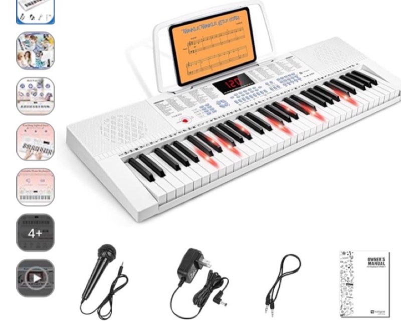 vangoa vgk611 electric keyboard for beginner, 61 keys portable music keyboard with mini lighted keys, electronic piano for kids, boy, girl, white