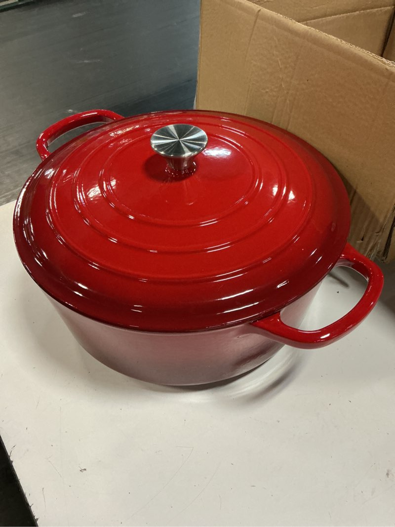 Condition photo showing Good Condition for 10 quart dutch oven approx, 9.5 qt enameled cast iron dutch oven pot & lid | nonstick large bread oven for sourdough, red iron pots for cooking, baking, braising, roasting & slow cooking