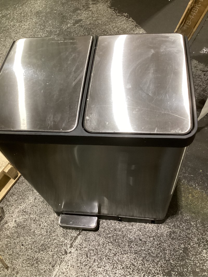 Condition photo showing As Is for (used, missing petal)itouchless 16 gallon dual step trash can and recycle bin with lid, stainless steel kitchen garbage 2 compartment sorting, odor control filter, airnova silent close, fingerprint-proof, matte silver