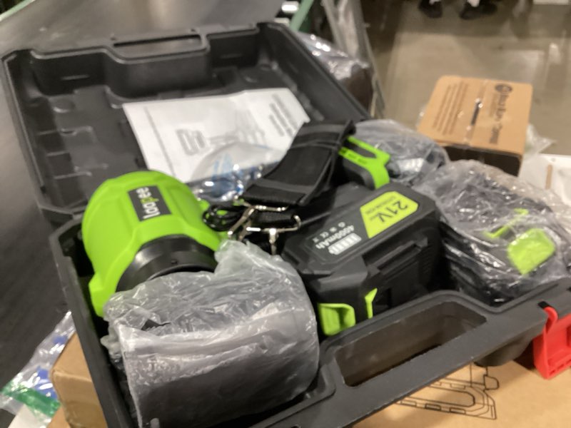 Condition photo showing As Is for leaf blower cordless,battery powered 800,000 rpm electric leaf blower with 2 x 4.0ah battery and charger handheld blowers for lawn care,dust,snow,car blowing water with 2 extended nozzle green