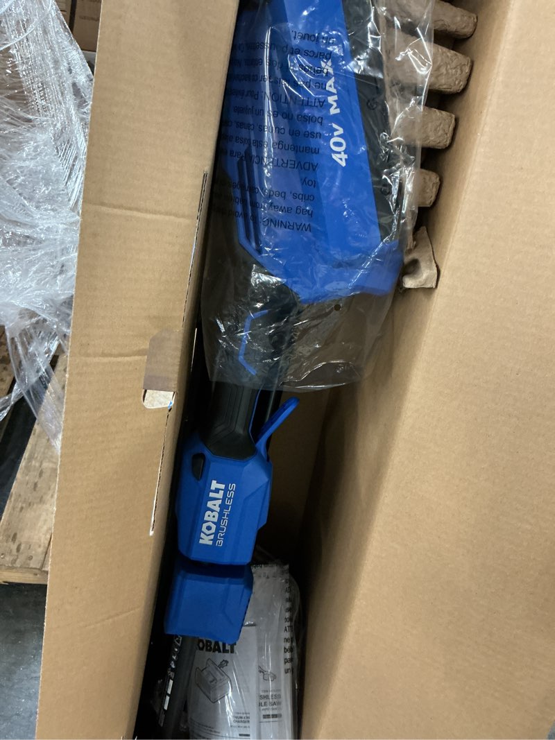 Condition photo showing As Is for kobalt gen4 40-volt 10-in 2 ah battery pole saw (battery and charger included)