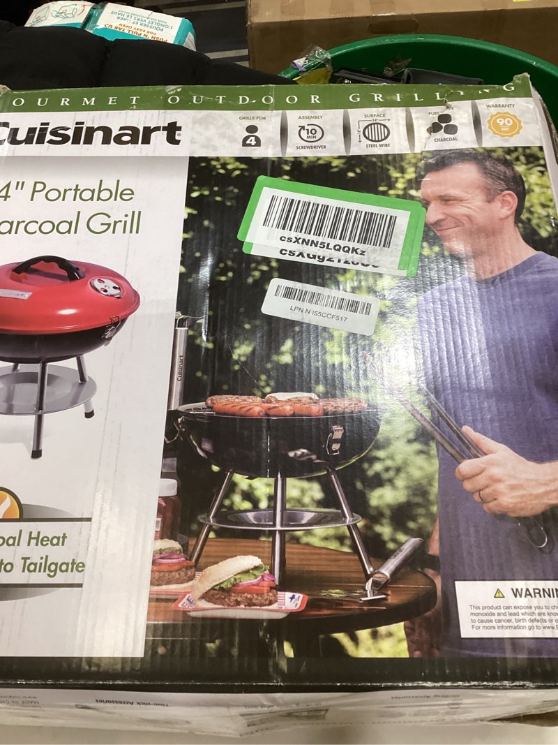 Condition photo showing As Is for Cuisinart 14" Portable Charcoal Grill, Tabletop Outdoor Small Grill with Locking Lid and Dual Vents, Chrome Plated Travel Size BBQ Perfect for Camping, Tailgates, Cookouts, Red Portable Charcoal Grill, 14" (Red) Charcoal Grill