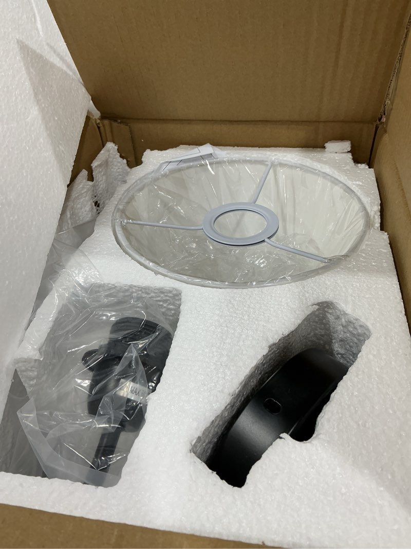Condition photo showing As Is for 14" linen single wall sconce black, retro swoop wall lamp with black metal arm, mid-century vintage white linen shade sconce, gooseneck light fixture for elegant home lighting, bedroom (black)
