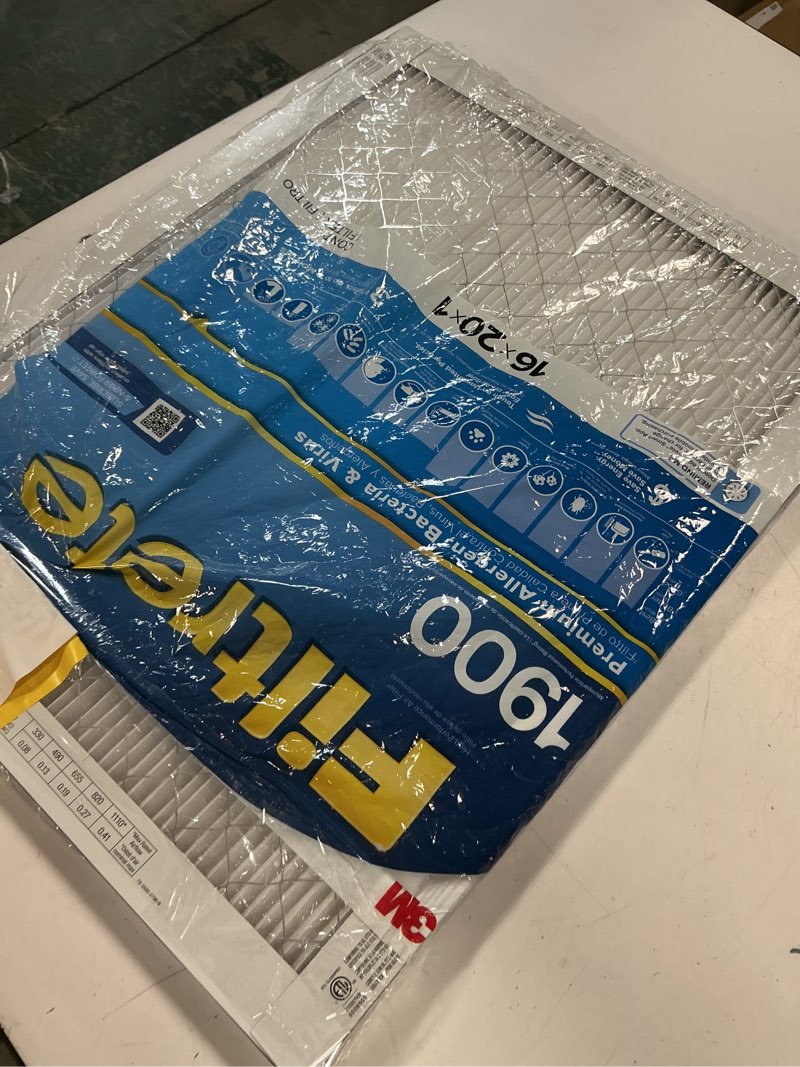 Condition photo showing As Is for filtrete 16-in w x 20-in l x 1-in merv 13 1900 mpr premium allergen, bacteria and virus electrostatic pleated air filter