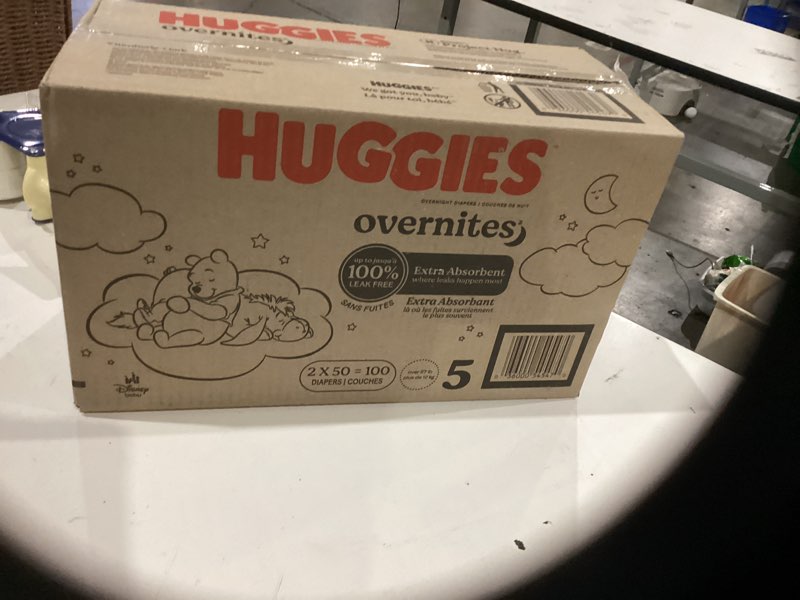 Condition photo showing New/Like New for huggies size 5 overnites baby diapers: overnight diapers, size 5 (27+ lbs), 100 ct (2 packs of 50), packaging may vary size 5 100