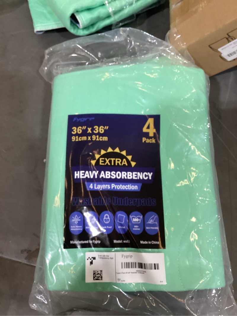 Condition photo showing New/Like New for fygrip 4 pack 36” x 36” extra heavy absorbency washable underpads, waterproof quick drying nursing incontinence reusable washable bed pee pads for dogs, diaper changing & adults, green 4 pack - 36" x 36"