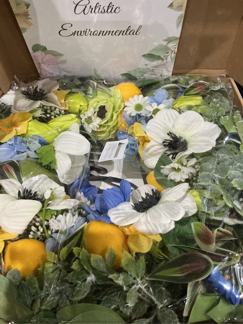 Condition photo showing Good Condition for 24 inch spring summer wreath for front door, blue spring and summer wreath with hydrangea, apple & lemon, peony flowers and greenery, spring door wreath for indoor outdoor decor