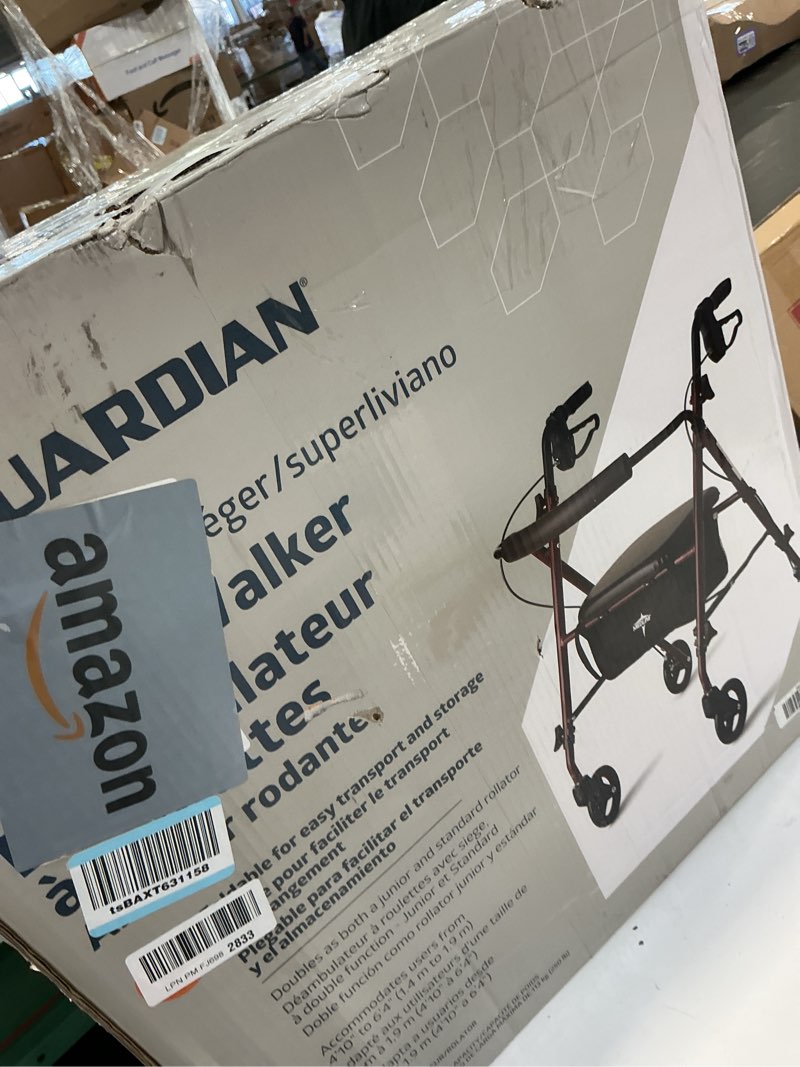 Condition photo showing Good Condition for Medline Superlight Folding Aluminum Mobility Rollator Walker, Red, 250 lb. Weight Capacity, 6" Wheels, Adjustable Arms and Seat, Foldable Rolling Walker for Seniors Burgundy