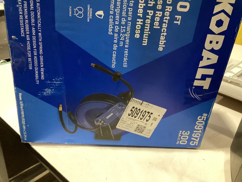 Condition photo showing As Is for kobalt pro retractable hose reel with 3/8-in x 50-ft premium rubber air hose item #5091975 | model #sgy-air266