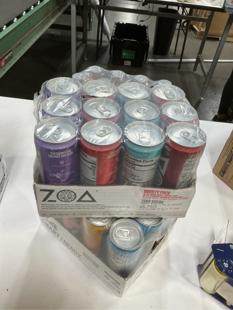 Condition photo showing New/Like New for ((07/08/26))ZOA Zero Sugar Energy Drinks, Variety Pack - Sugar Free with Electrolytes, Healthy Vitamin C, Amino Acids, Essential B-Vitamins, and Caffeine from Green Tea - 12 Fl Oz (12-Pack) Variety Pack 12 Fl Oz (Pack of 12)