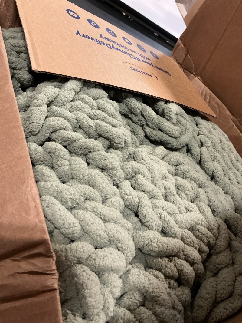 Condition photo showing As Is for admitrack chunky knit blanket throw, 100% hand knit chenille throw blanket for sofa & home decor, soft and cozy knitted throw blankets (sage green?51"x63") sage green throw51"×63"