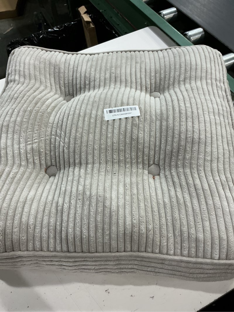 Condition photo showing As Is for tufted corduroy recliner seat cushion for elderly, high density foam large square seat cushion for recliner chair, floor pillow, office chair, car, no pressure on thighs, 20x20x4 grey large