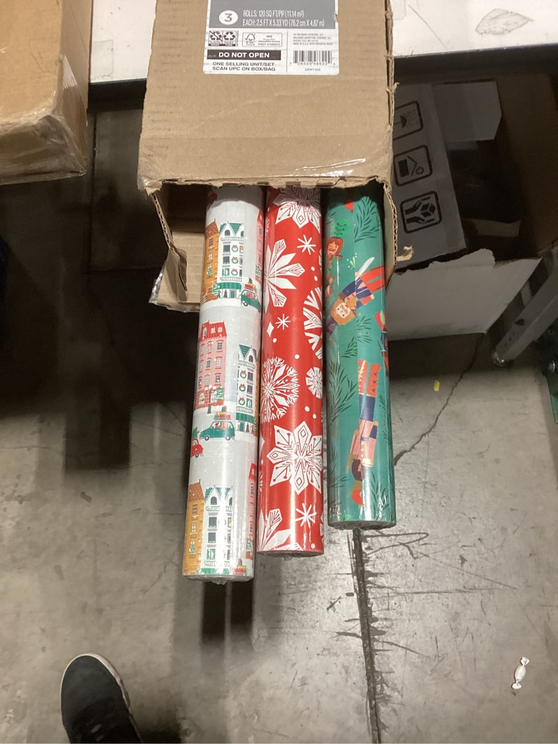 Condition photo showing New/Like New for Hallmark Christmas Wrapping Paper with Cutlines on Reverse (3 Rolls: 120 Sq. Ft. Total) Winter City Scene, Rustic Snowflakes on Red, Nutcrackers with Foliage
