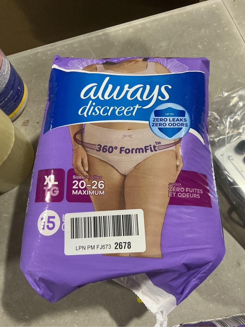 Condition photo showing New/Like New for always discreet adult incontinence underwear for women and postpartum underwear, extra large, up to 100% bladder leak protection, 15 count x-large 15