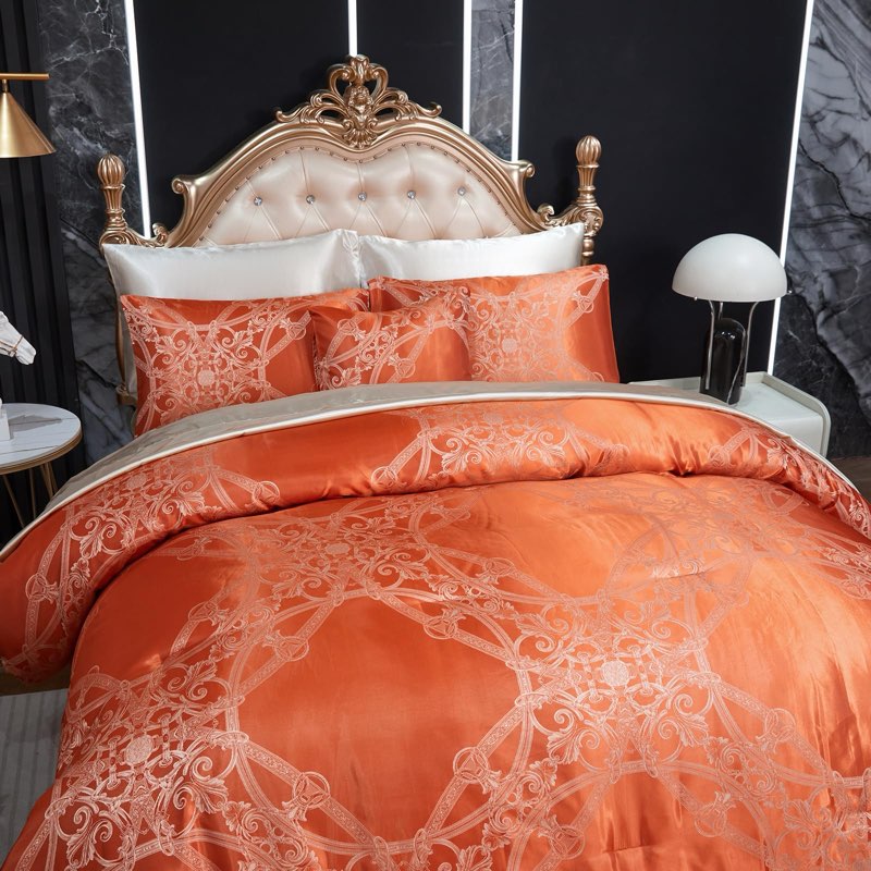 Jacquard King Comforter Set with Beige Sheet Set Orange Bedding Set 8 Pcs Embroidery Neoclassical Fl