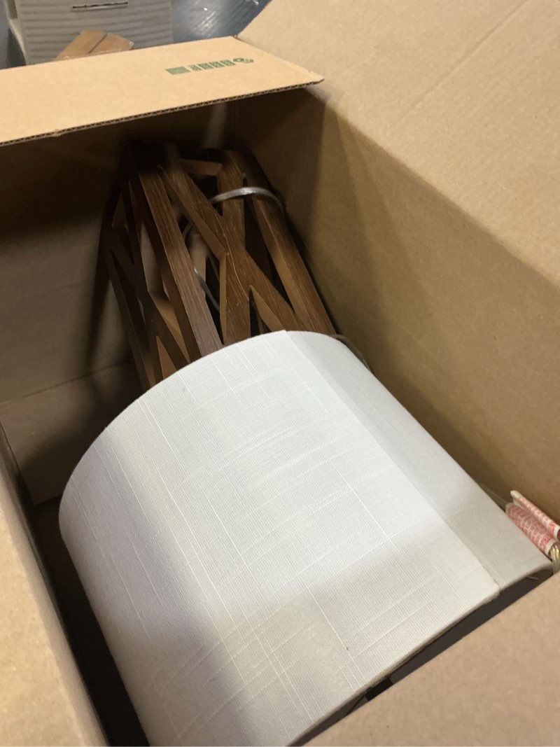 Condition photo showing As Is for jonathan y 21.5" brown farmhouse wood table lamp for bedside and living room, white linen drum shade, rustic modern desk lamp for bedroom, led bulb included jyl1062a single brown