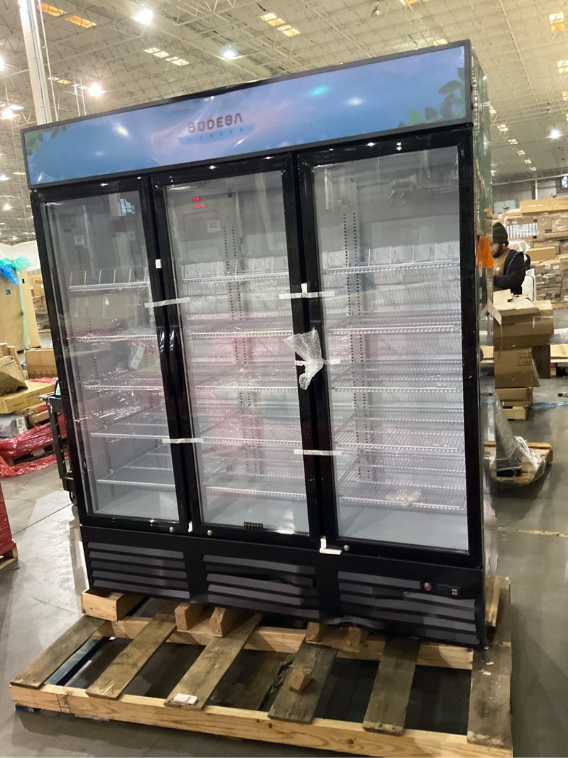 Condition photo showing As Is for BODEGACOOLER Commercial Merchandiser Refrigerator,3 Glass Door Commercial Beverage Refrigerator, Beverage Display Cooler with Soft LED Light, Adjustable Shelves and 8 Strong Castors, 53 Cu. Ft,Black 53 Cu. Ft Black