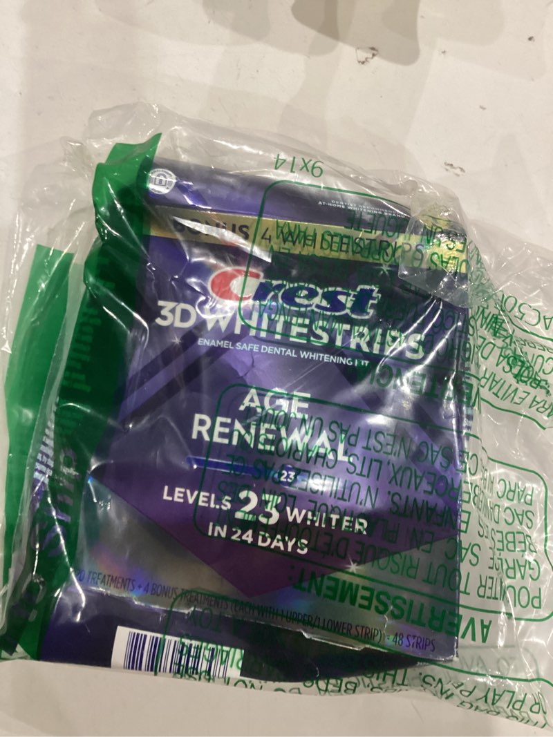 Condition photo showing As Is for Crest 3D Whitestrips Age Renewal – Teeth Whitening Kit, 24 Treatments (20 + 4 Bonus), Each with 1 Upper/1Lower, 48 Strips – Crest 3DWhite Teeth Whitening Strips Unflavored 24 Count (Pack of 1)