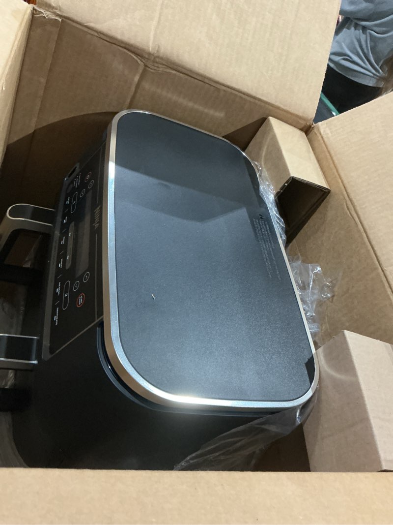 Condition photo showing As Is for ninja dz550 foodi 10 quart 6-in-1 dualzone smart xl air fryer with 2 independent baskets, smart cook thermometer for perfect doneness, match cook & smart finish to roast, dehydrate & more, grey (renewed) grey 10 quart