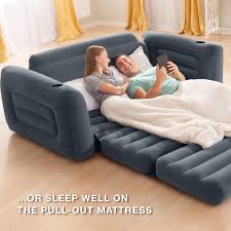 Intex Inflatable Pull-Out Sofa: Velvety Surface, 2-in-1 Valve, Cupholder, 46" x 88" x 26" - Blow-Up 