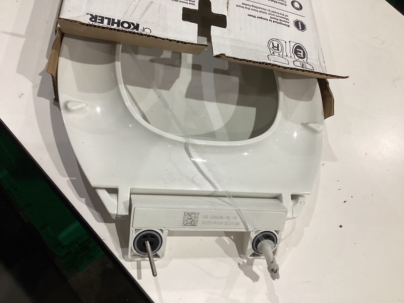 Condition photo showing As Is for KOHLER 4636-RL-0 Cachet ReadyLatch Elongated Toilet Seat Slow Close, Soft Close Toilet Seat Quiet Lid, Contoured Grip-Tight Bumpers Installation Hardware, Apartment Essentials, White White Elongated Ready Latch