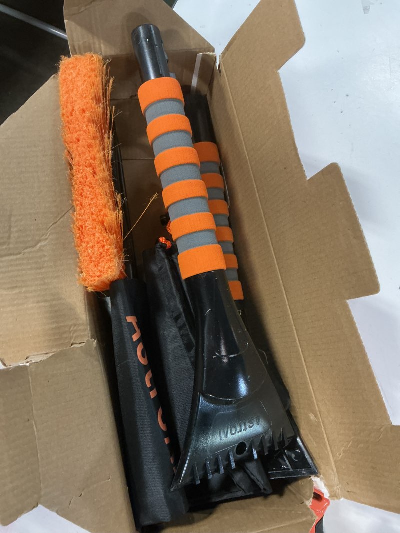 Condition photo showing As Is for AstroAI 2 Pack 27" Snow Brush and Ice Scrapers for Car Windshield, Detachable Snow Scrapers with Ergonomic Foam Grip for Cars, Trucks, SUVs (Heavy Duty ABS, PVC Brush, Orange)