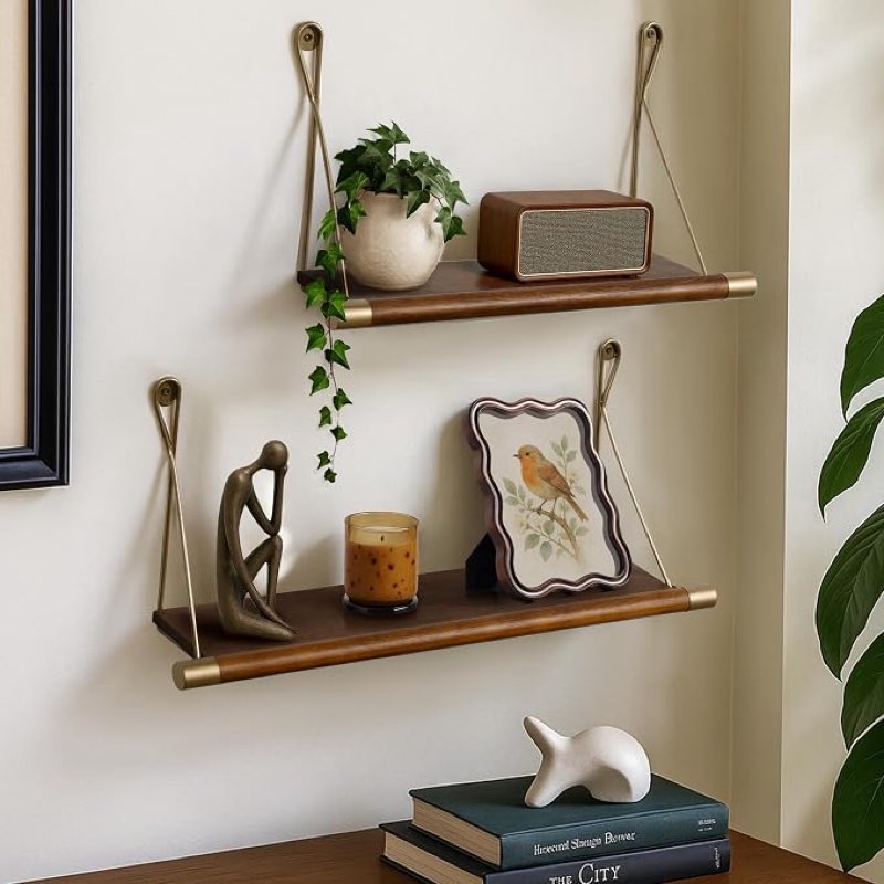 Afuly Walnut Floating Shelves for Wall Mid Century Modern Decor Brass Shelf | 24in&20in Rustic Decorative Shelving, MCM, Solid Wood, for Living Room, Bedroom, Coffee Bar, Bathroom, Plant Photo Display