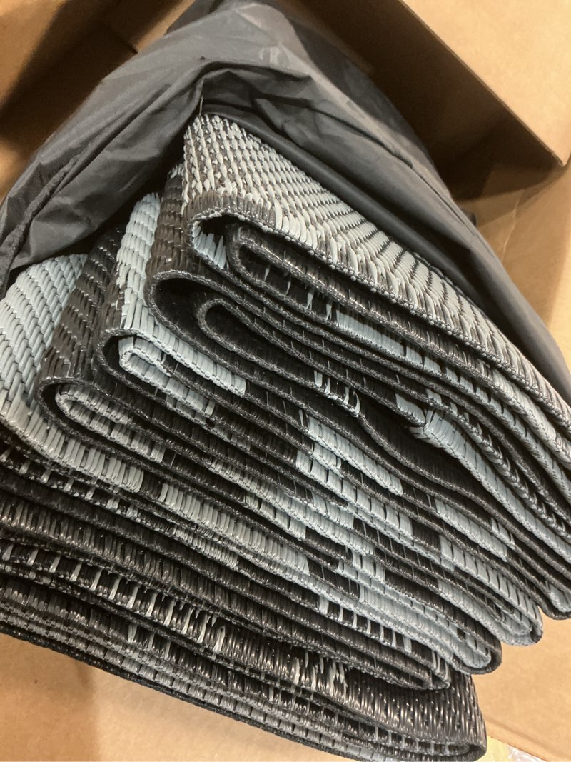 Condition photo showing Good Condition for genimo outdoor rug 10' x 14' waterproof for patios clearance, reversible outdoor plastic straw camping rug carpet, large area rugs mats for rv, camper, deck, balcony, porch, beach, picnic, black&grey black & grey | waterproof 10' x 14' (rectangular)