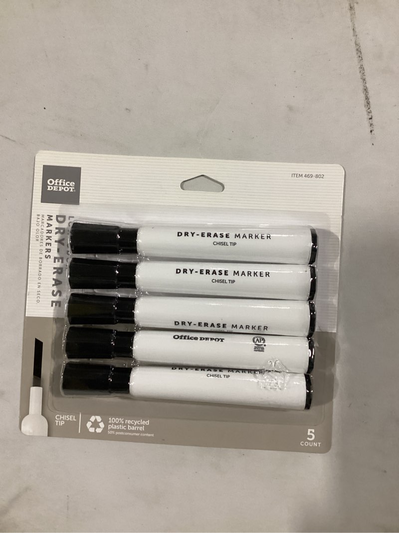 Condition photo showing Good Condition for office depot brand low-odor dry-erase markers, chisel point, 100% recycled plastic barrel, black, pack of 5