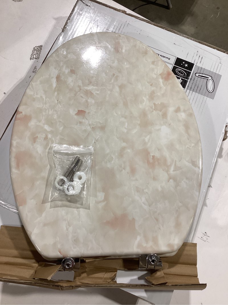 Condition photo showing Good Condition for round toilet seat natural wood toilet seat with zinc alloy hinges, easy to install also easy to clean, anti-pinch marble toilet seat by angol shiold (round, beige pink) round-16.5“ beige pink