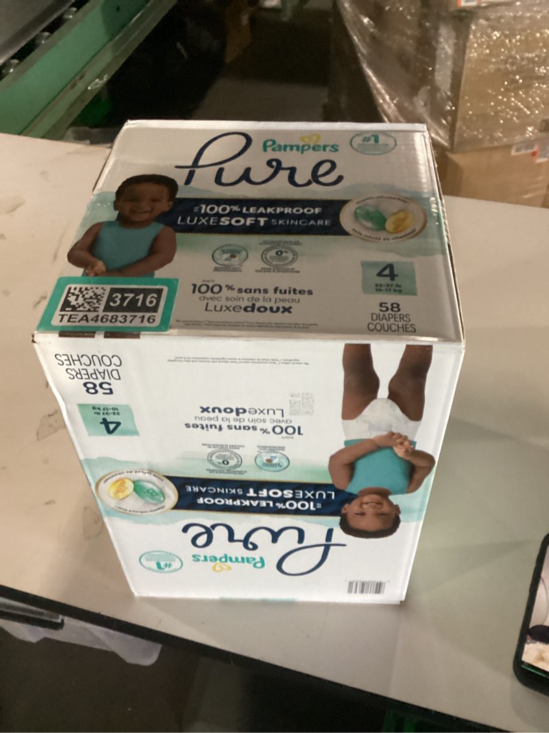 Condition photo showing New/Like New for pampers pure protection baby diapers, size 4 (22-37 lbs), 58 count, up to 100% leakproof, premium plant-based skin protection, hypoallergenic soft diapers size 4 58