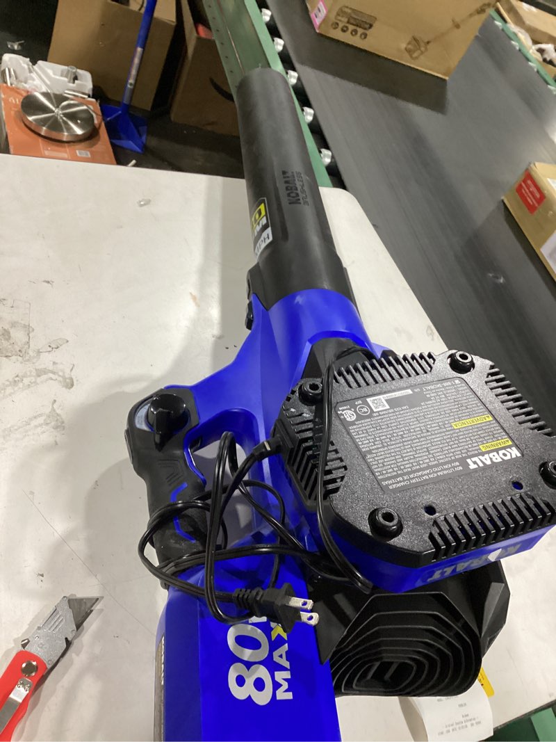 Condition photo showing As Is for Kobalt 80v 630-CFM 140-MPH Cordless Battery Handheld Leaf Blower with (2) 2.5-Ah Batteries and Charger Included
