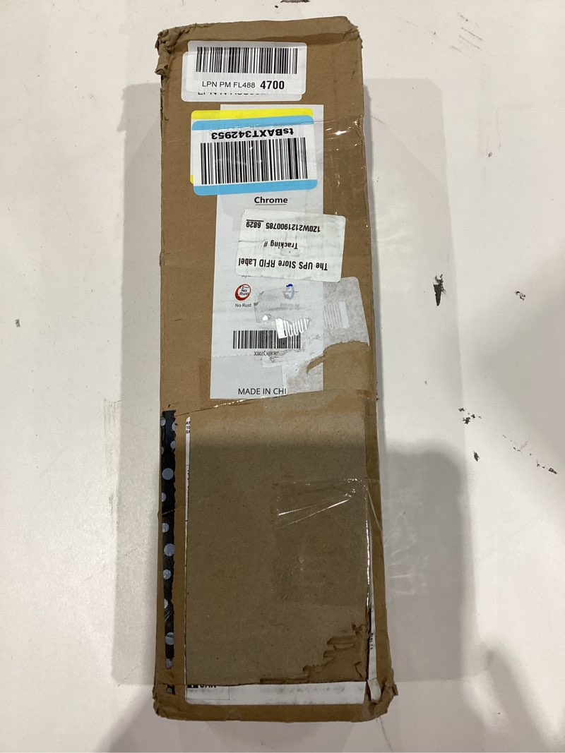 Condition photo showing New/Like New for chrome shower curtain rods, 18-72 inches, rust resistance, adjustable tension rod with durable spring, no drilling, use for bathroom, bedroom, kitchen, balcony, home