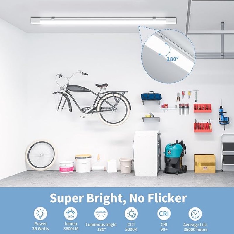 airand 4ft plug in ceiling light, linkable 5000k led shop lights with on/off switch, 36w 3600lm garage light fixture, ip66 waterproofing tube light for bathroom, workshop, office, basement
