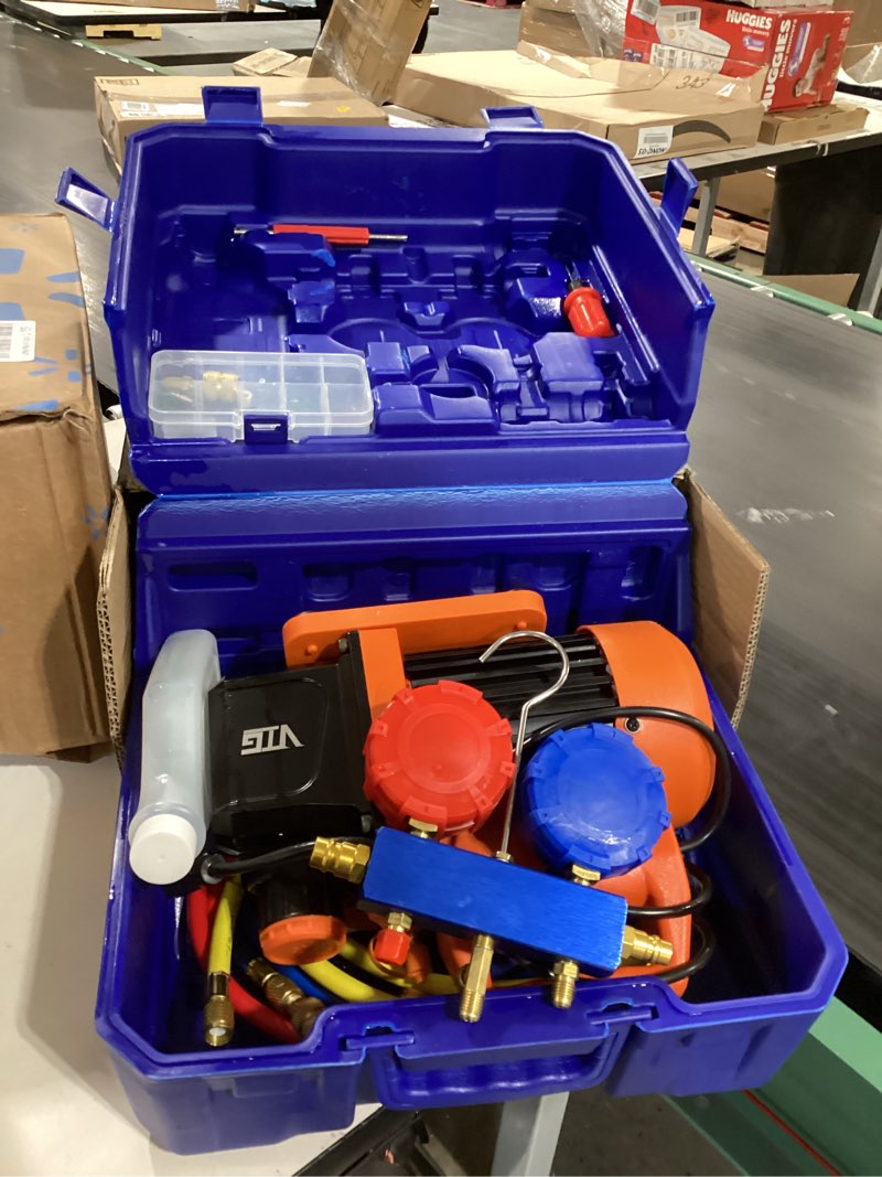 Condition photo showing As Is for 4.5 CFM AC Vacuum Pump and Gauge Set,for Mini Split,HVAC,Auto Systems,Manifold Gauge Kit Compatible with R22, R32, R134a,R410a,Includes 3 Hoses,R134a Can Tap,Upgraded Trifold Storage Case 4.5 CFM &(R22, R32, R134a,R410a)