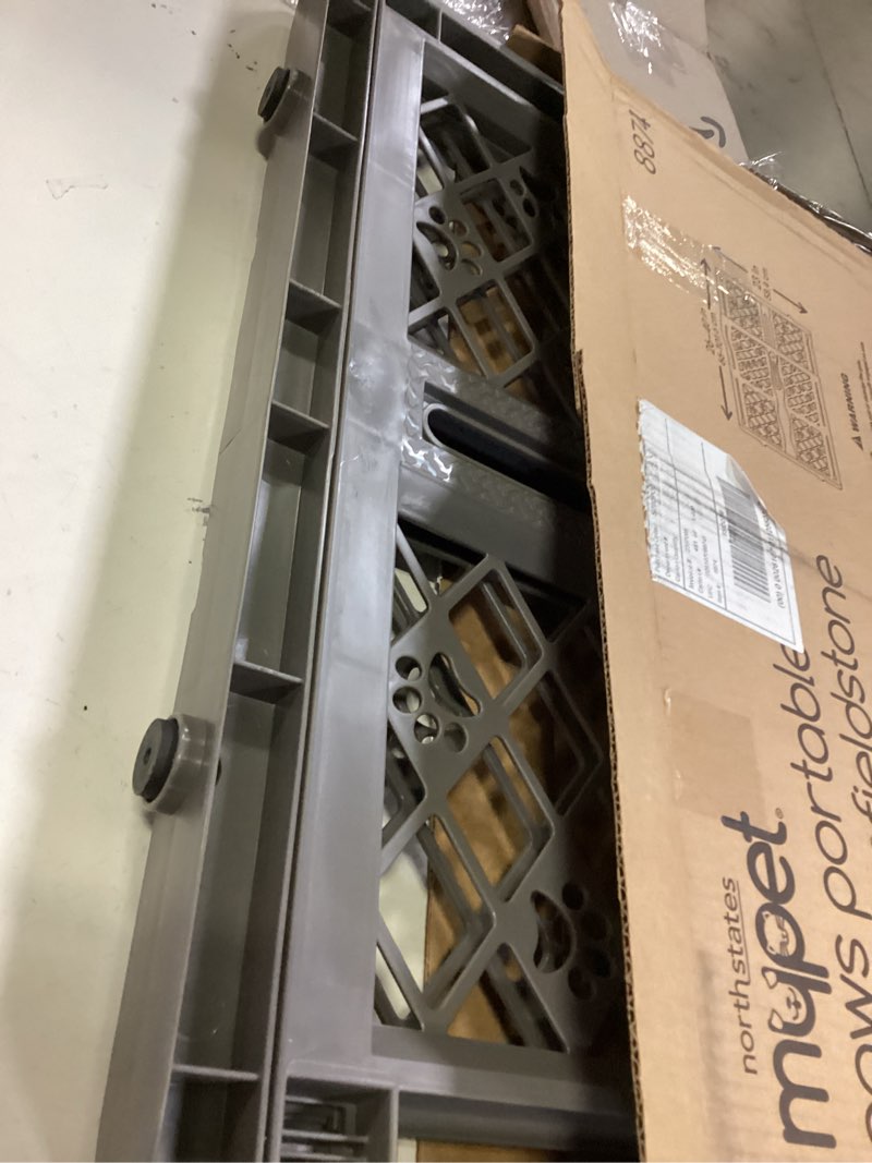 Condition photo showing New/Like New for mypet north states paws portable pet gate: 26-40" wide. pressure mount. no tools needed. made in usa, 23" tall, expandable, durable dog gates for doorways, fieldstone gray